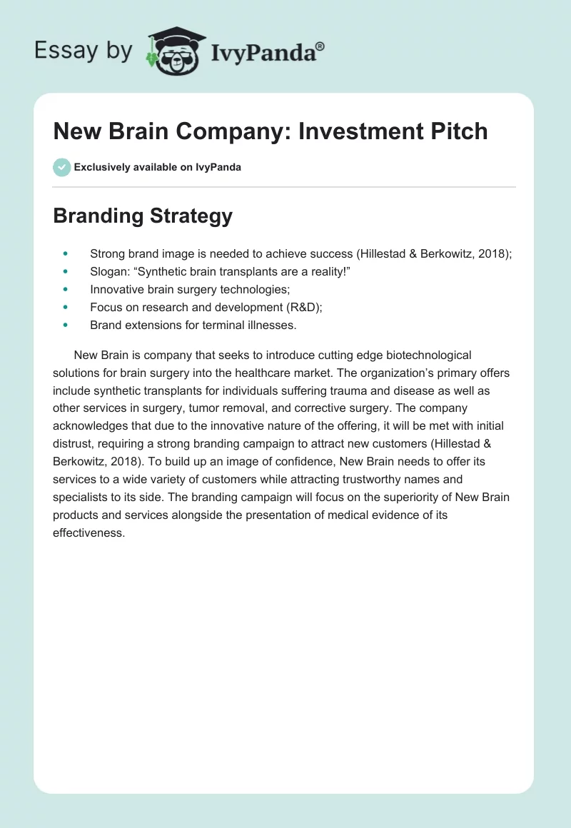 New Brain Company: Investment Pitch. Page 1