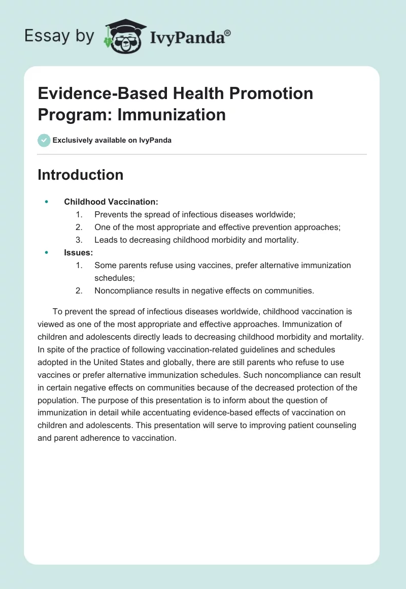 Evidence-Based Health Promotion Program: Immunization. Page 1