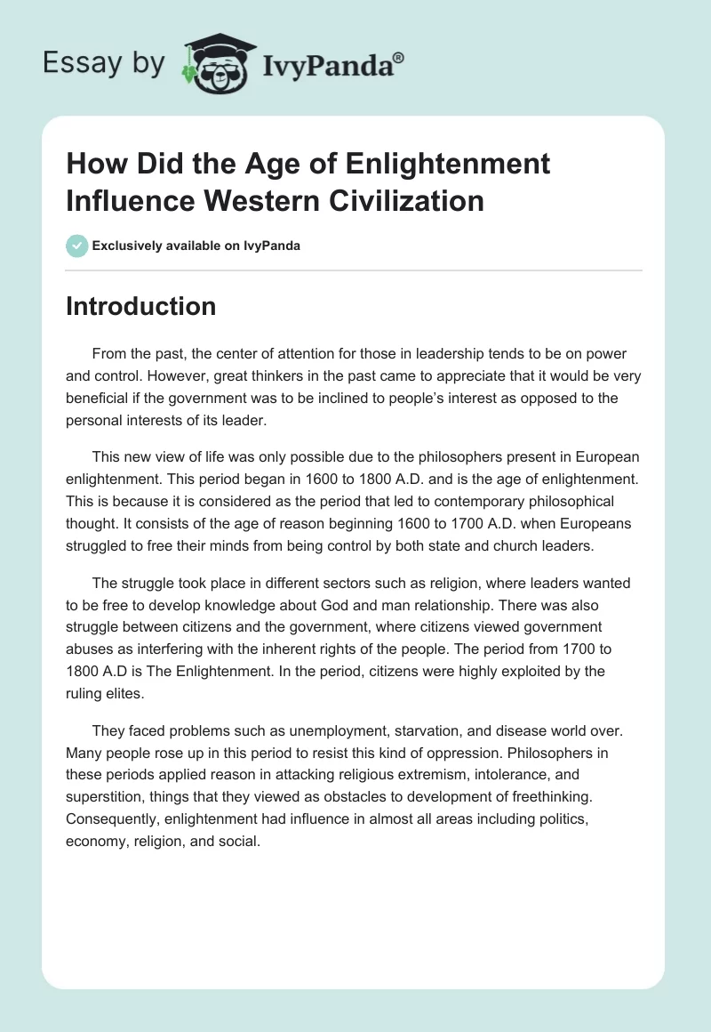How Did the Age of Enlightenment Influence Western Civilization. Page 1
