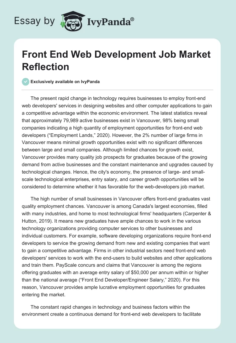 Front End Web Development Job Market Reflection. Page 1
