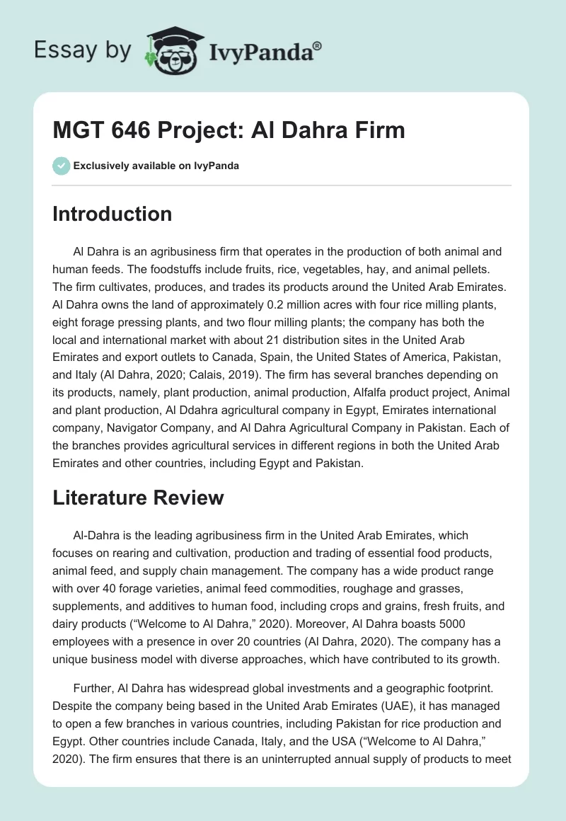 MGT 646 Project: Al Dahra Firm. Page 1