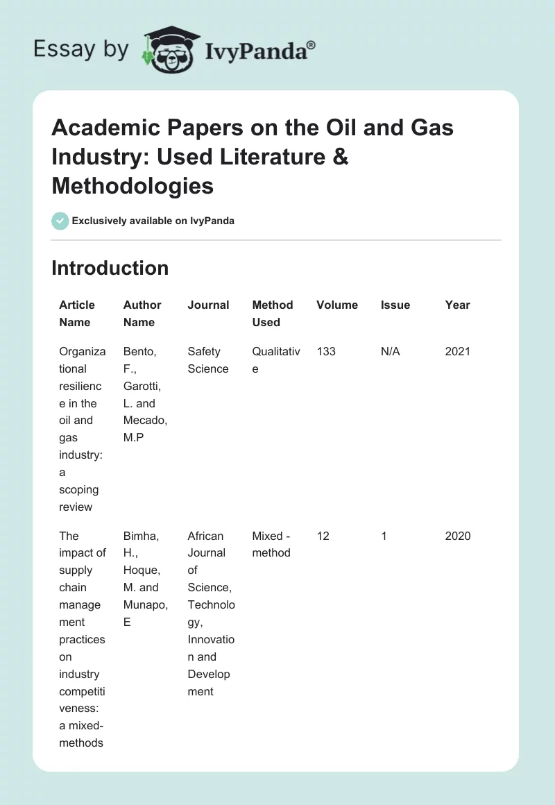 Academic Papers on the Oil and Gas Industry: Used Literature & Methodologies. Page 1