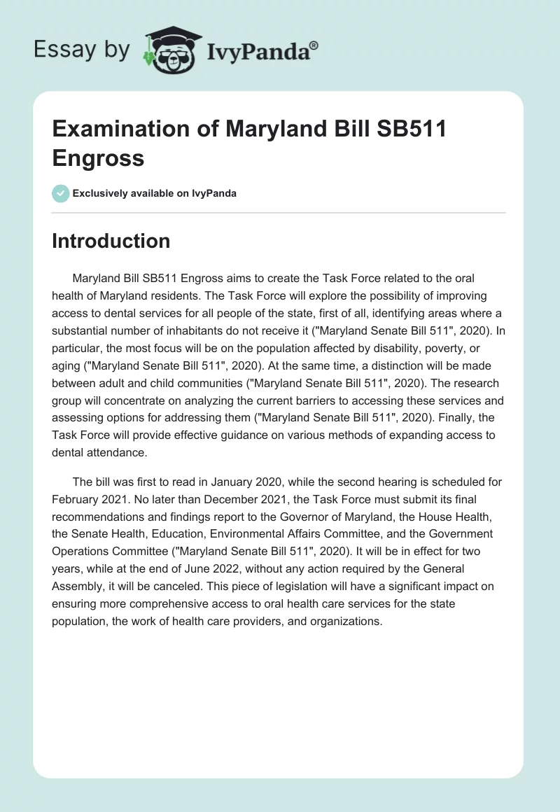 Examination of Maryland Bill SB511 Engross. Page 1