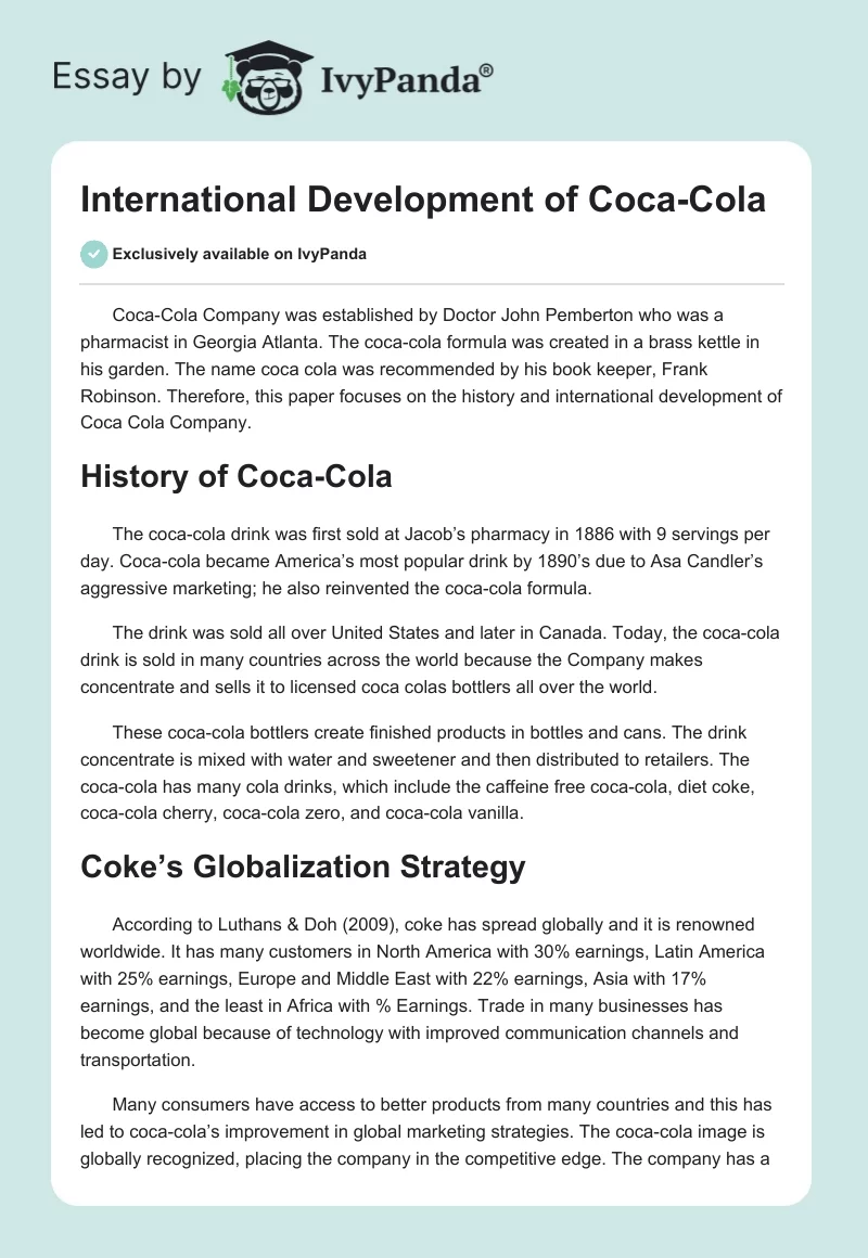 International Development of Coca-Cola. Page 1