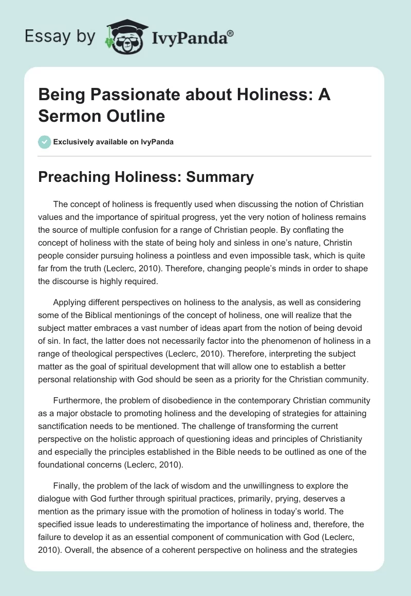 Being Passionate about Holiness: A Sermon Outline. Page 1