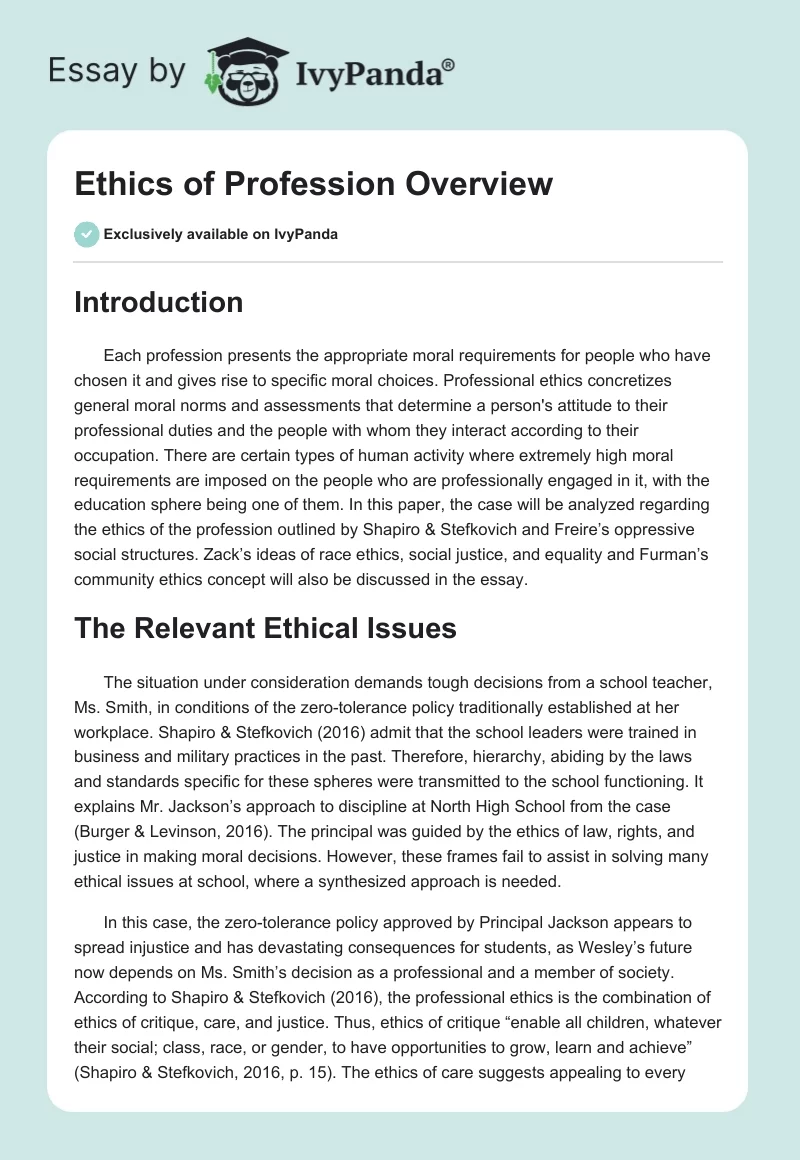 Ethics of Profession Overview. Page 1