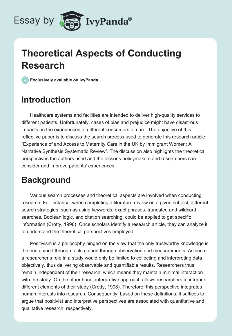 Theoretical Aspects of Conducting Research. Page 1