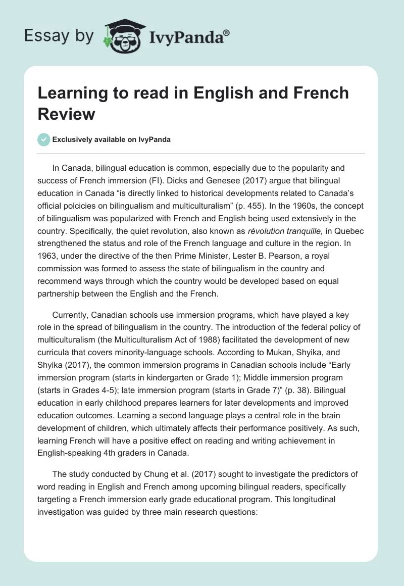 "Learning to read in English and French" Review. Page 1