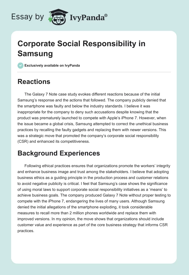 Corporate Social Responsibility in Samsung. Page 1