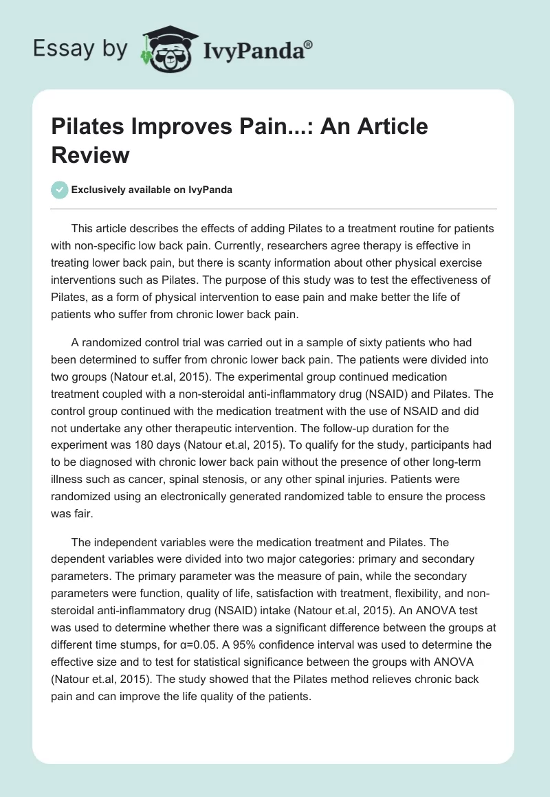 Pilates Improves Pain...: An Article Review. Page 1