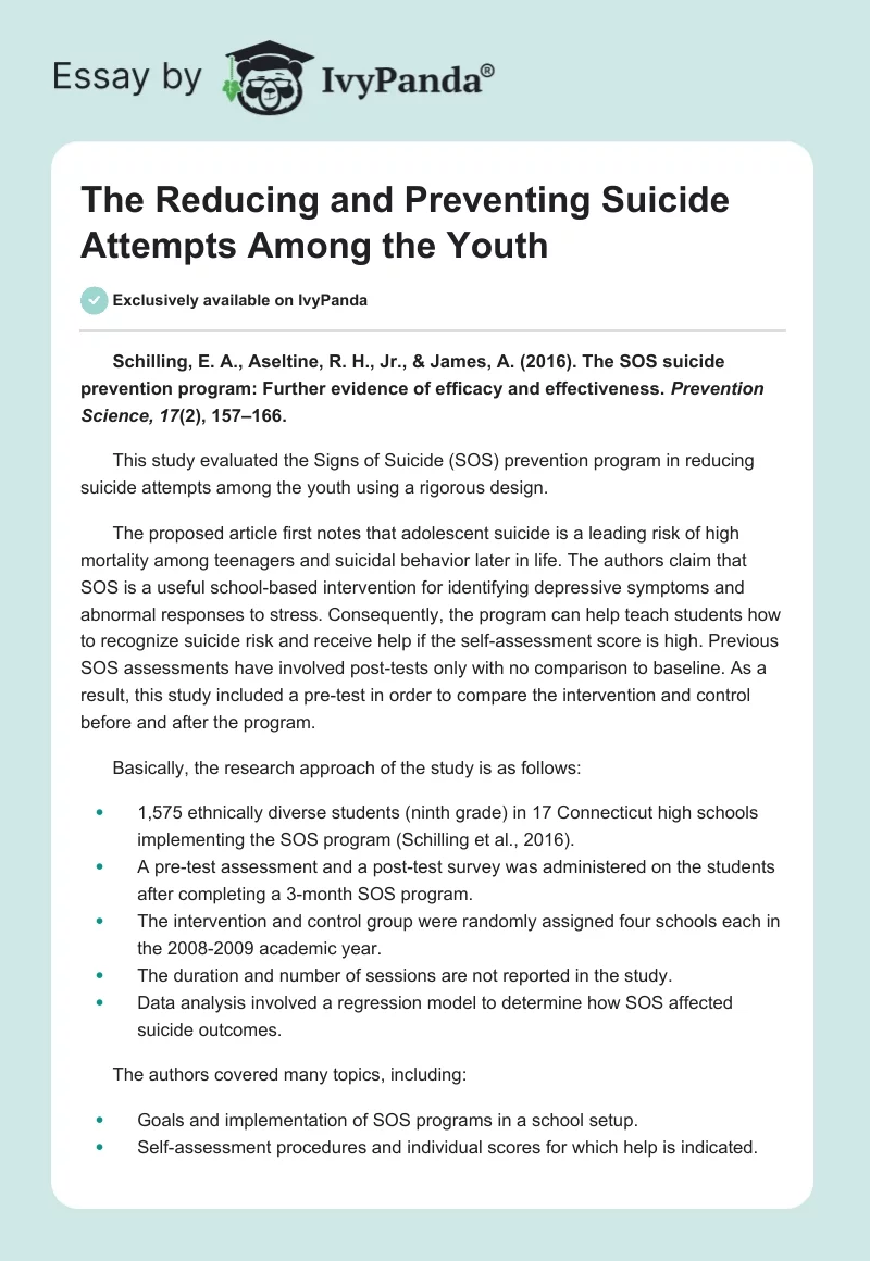 The Reducing and Preventing Suicide Attempts Among the Youth. Page 1