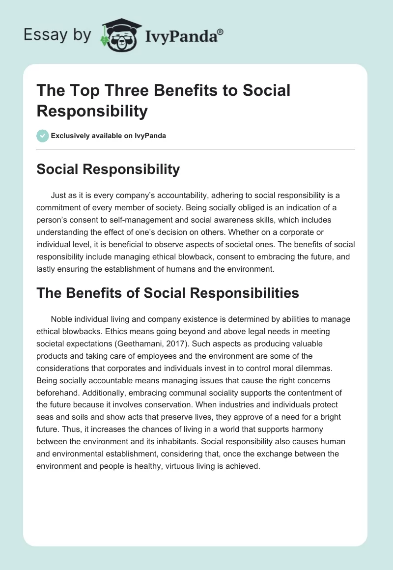 The Top Three Benefits to Social Responsibility. Page 1