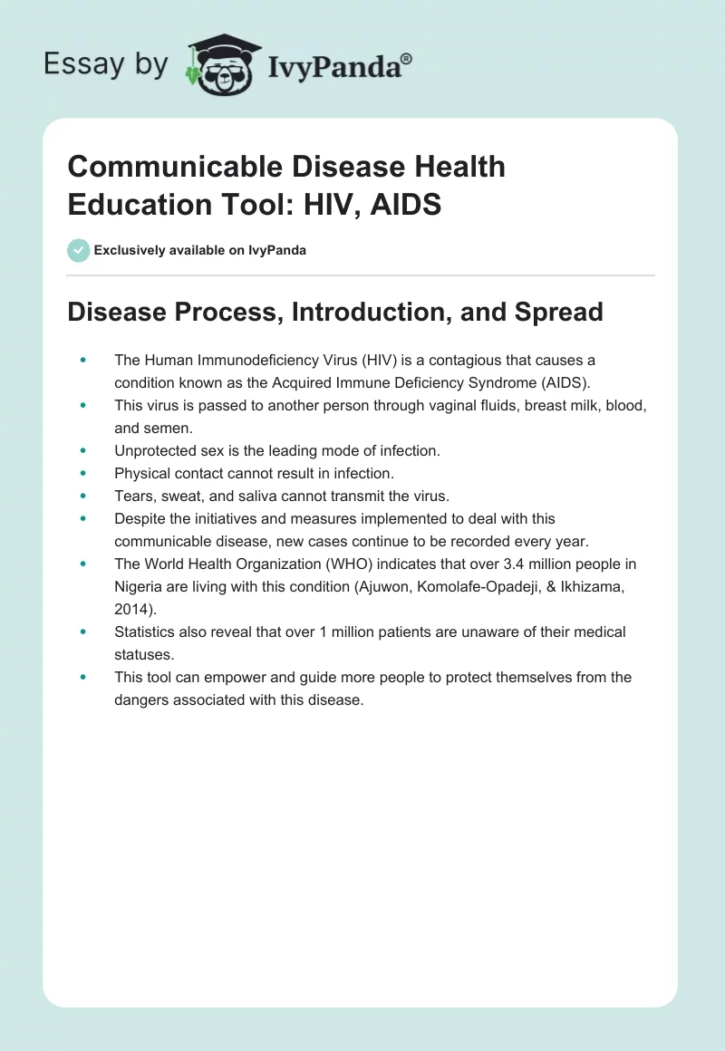 Communicable Disease Health Education Tool: HIV, AIDS. Page 1