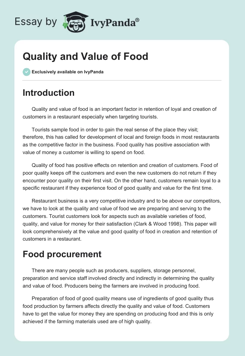 Quality and Value of Food. Page 1