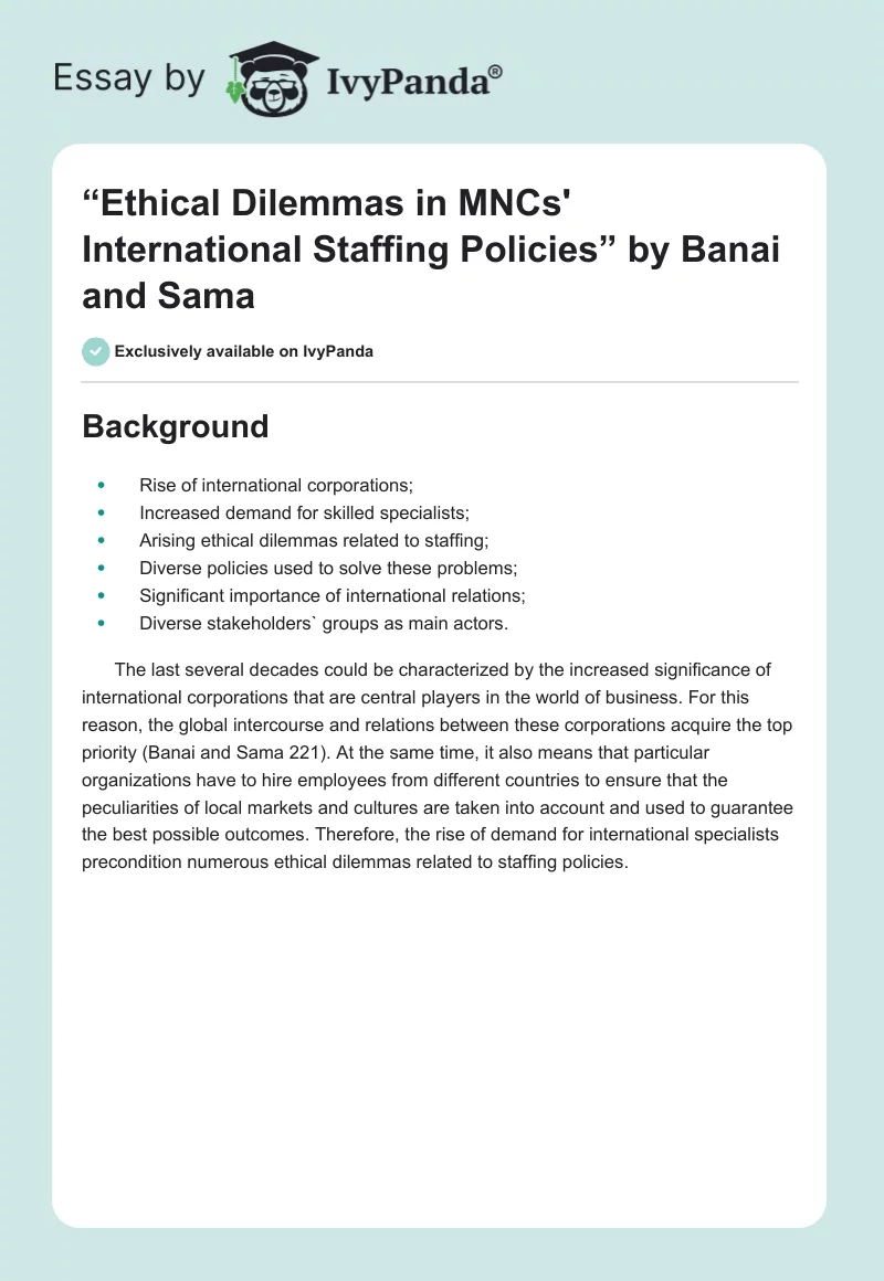 “Ethical Dilemmas in MNCs' International Staffing Policies” by Banai and Sama. Page 1