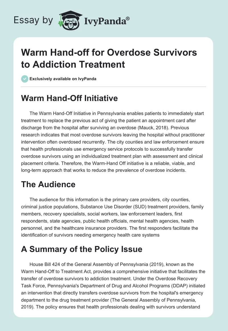 Warm Hand-off for Overdose Survivors to Addiction Treatment. Page 1