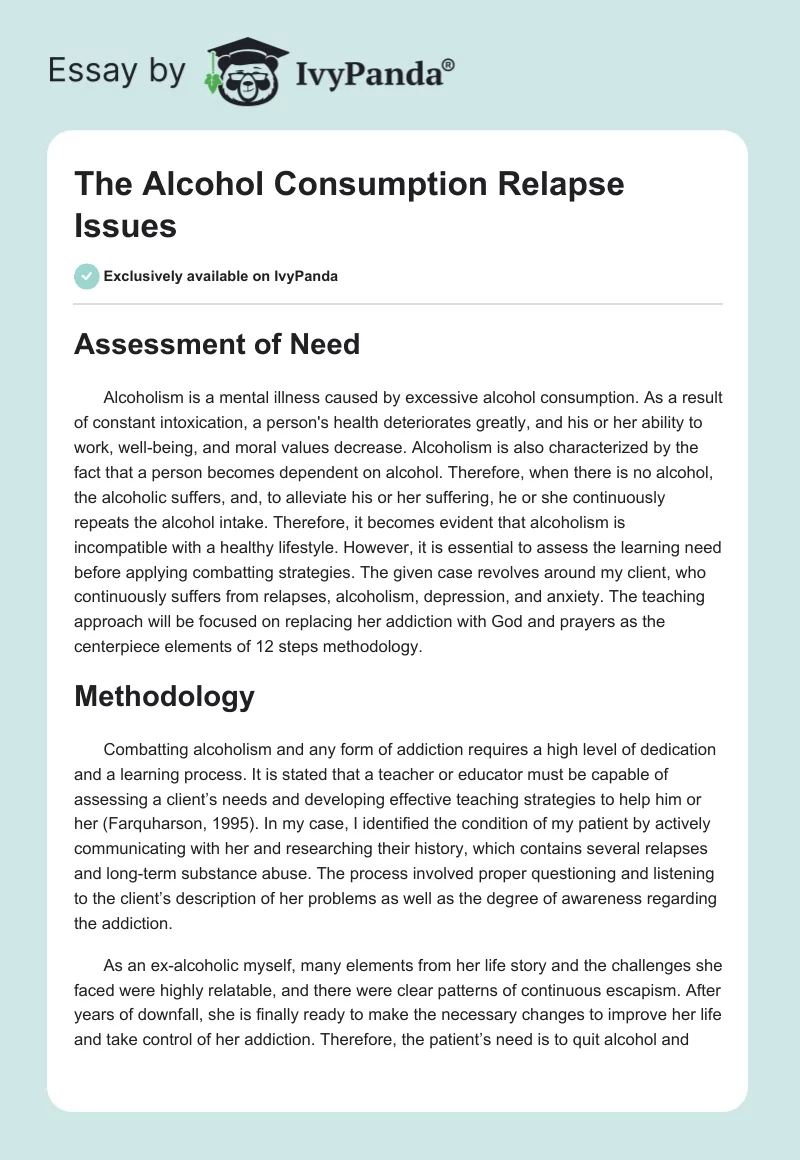The Alcohol Consumption Relapse Issues. Page 1