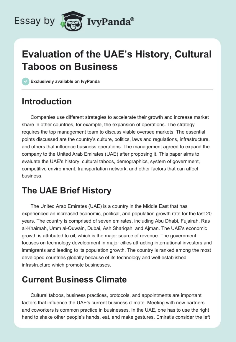 Evaluation of the UAE’s History, Cultural Taboos on Business. Page 1