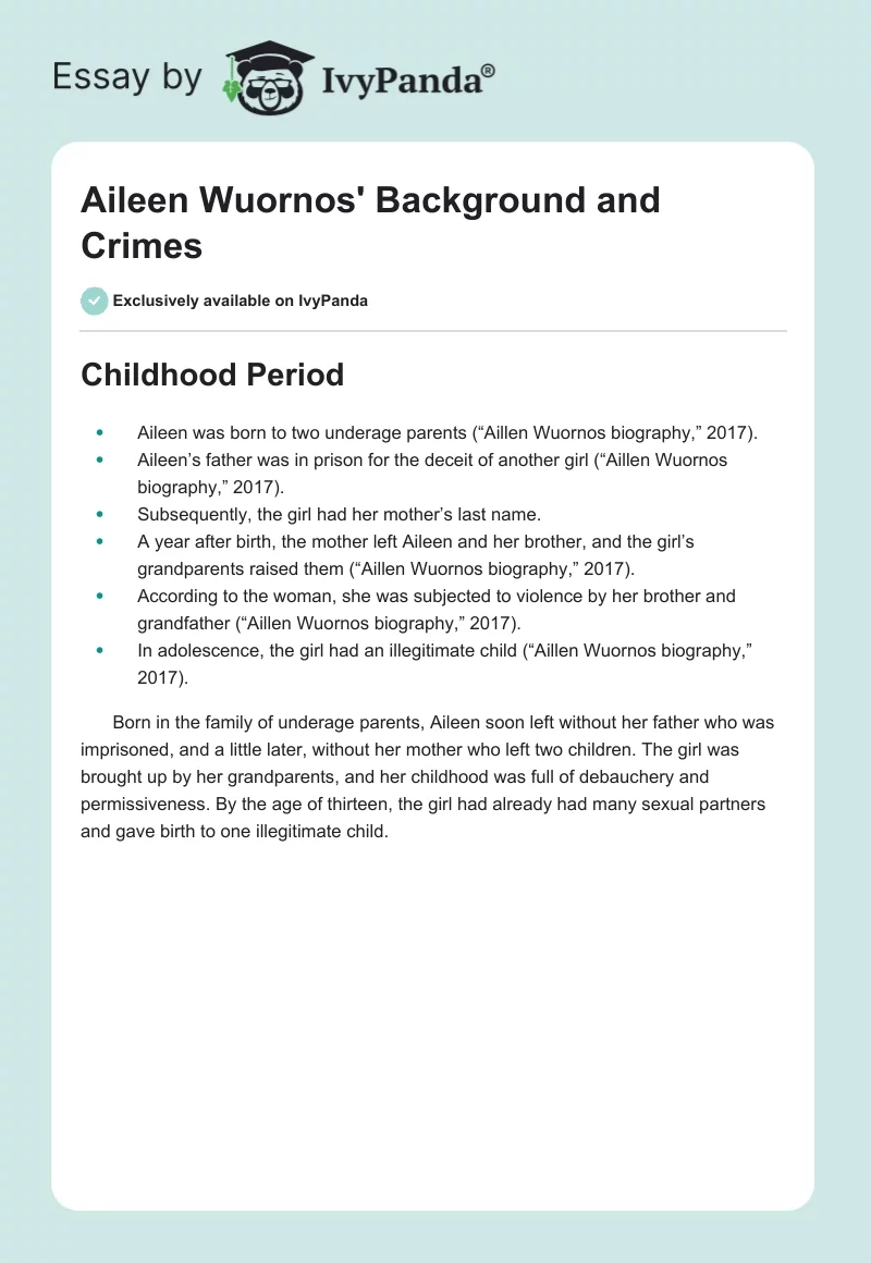 Aileen Wuornos' Background and Crimes. Page 1