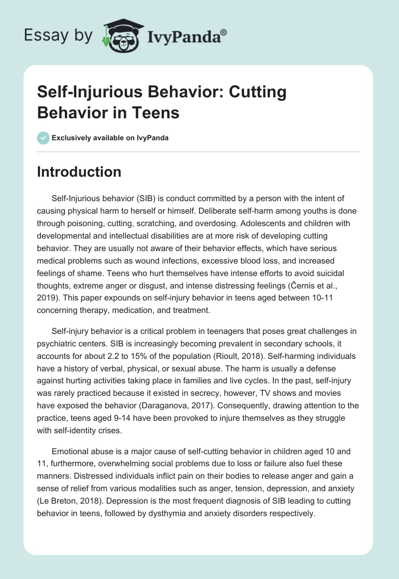 Self-Injurious Behavior: Cutting Behavior in Teens. Page 1