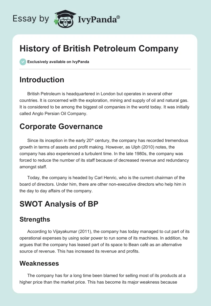 History of British Petroleum Company. Page 1