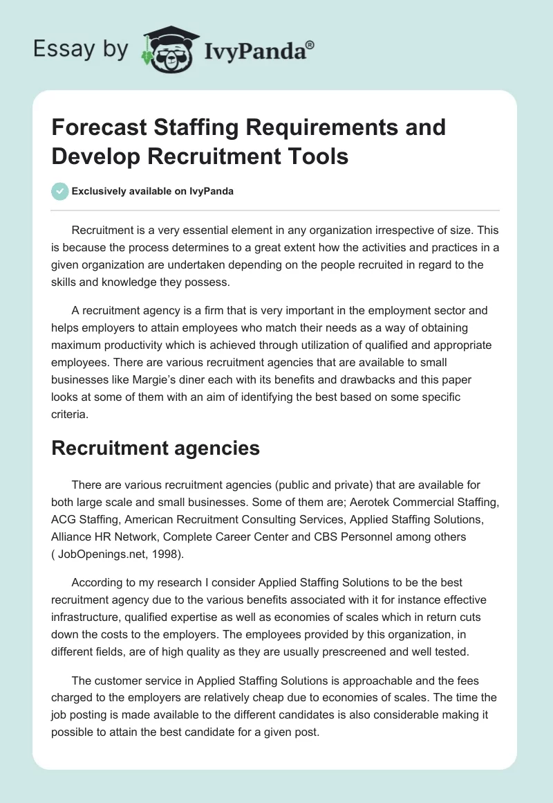 Forecast Staffing Requirements and Develop Recruitment Tools. Page 1