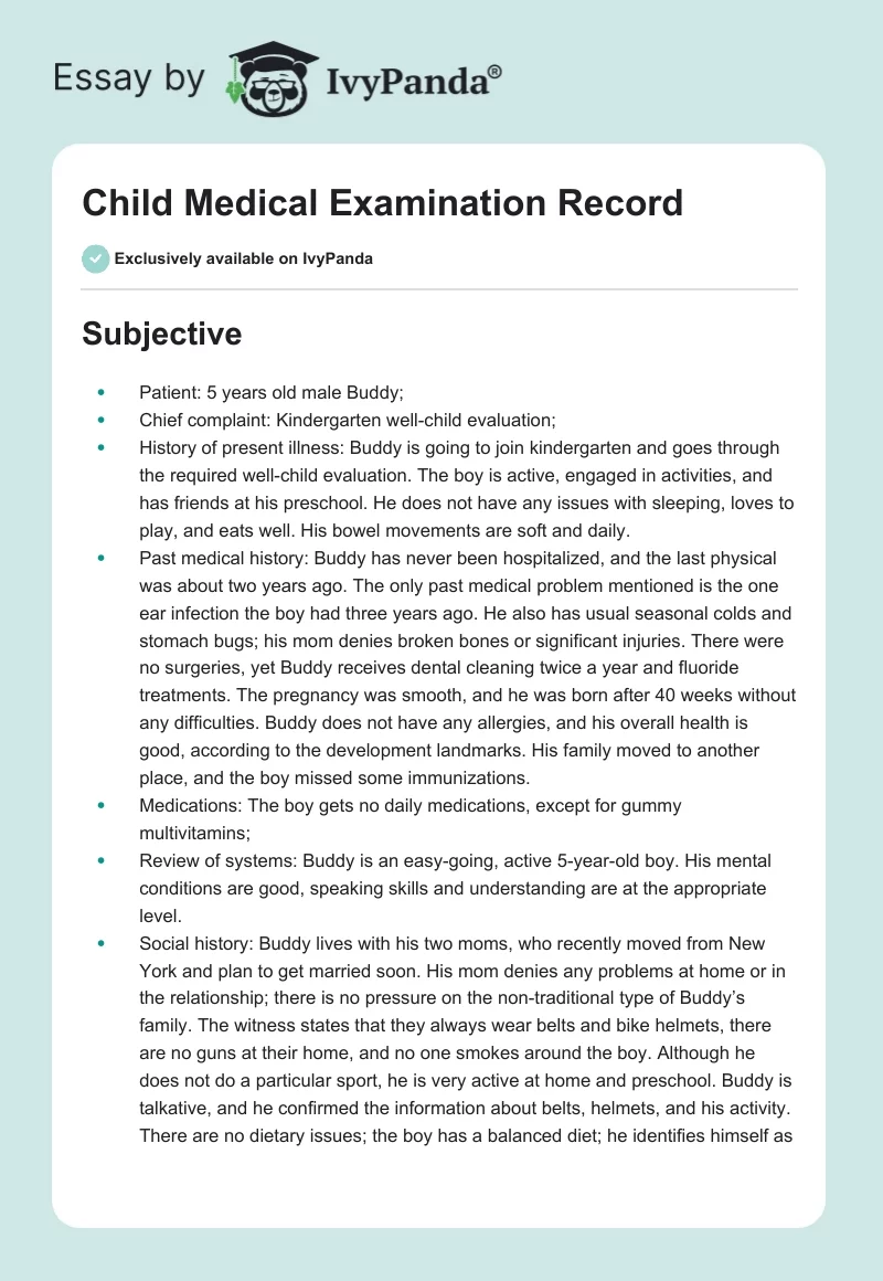 Child Medical Examination Record. Page 1