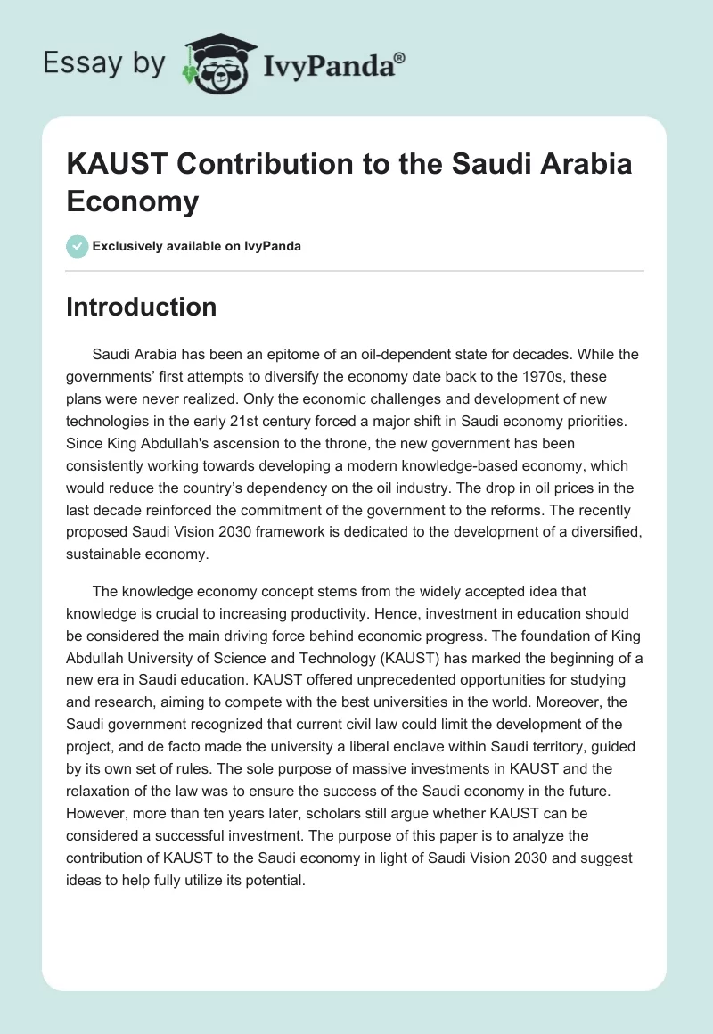 KAUST Contribution to the Saudi Arabia Economy. Page 1
