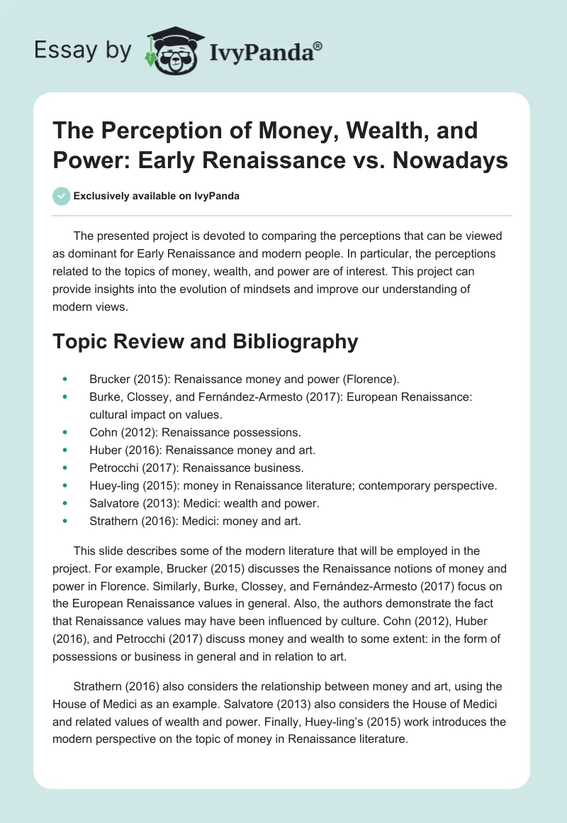 The Perception of Money, Wealth, and Power: Early Renaissance vs. Nowadays. Page 1