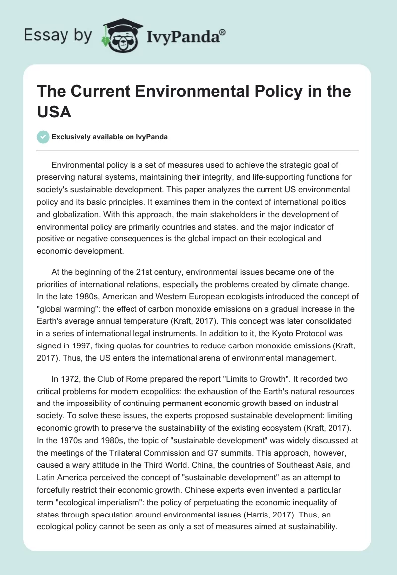 The Current Environmental Policy in the USA. Page 1