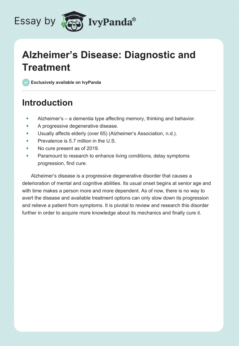 Alzheimer’s Disease: Diagnostic and Treatment. Page 1