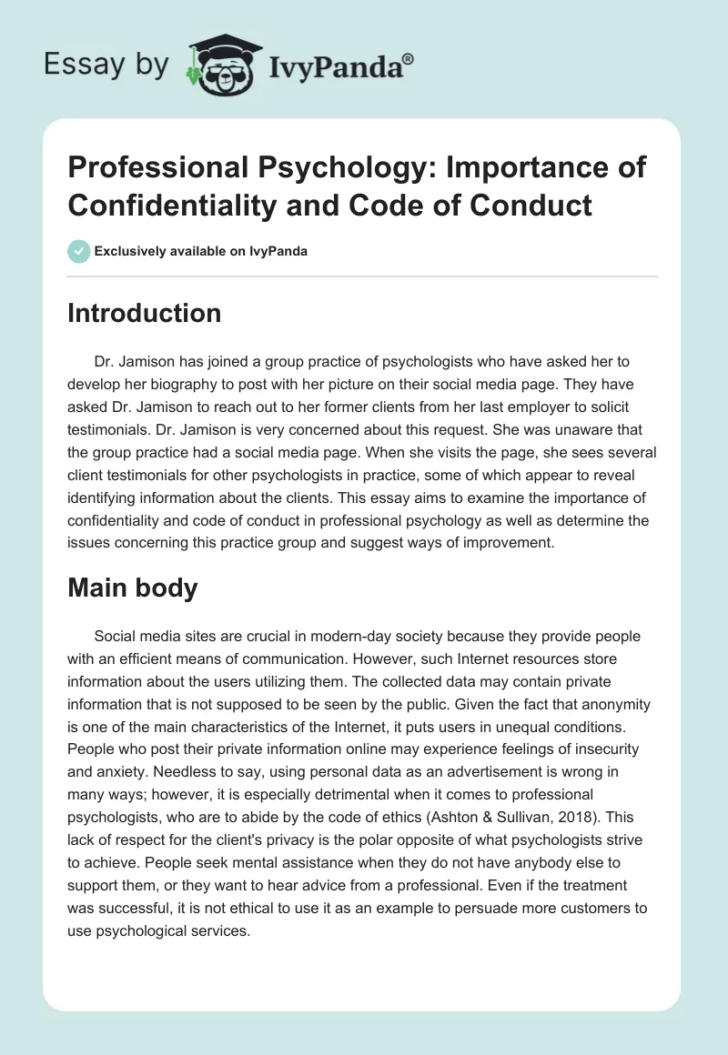 Professional Psychology: Importance of Confidentiality and Code of Conduct. Page 1