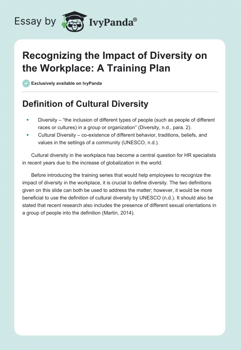 Recognizing the Impact of Diversity on the Workplace: A Training Plan. Page 1