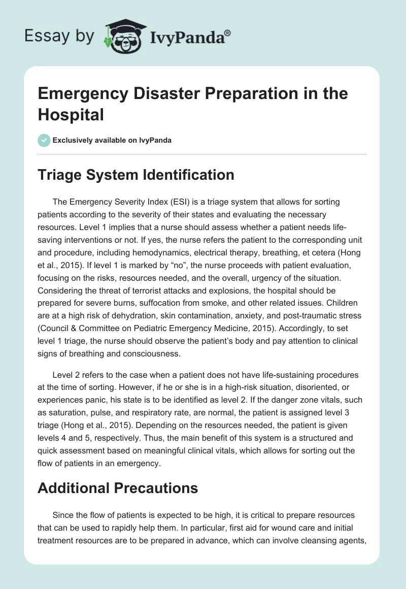 Emergency Disaster Preparation in the Hospital. Page 1