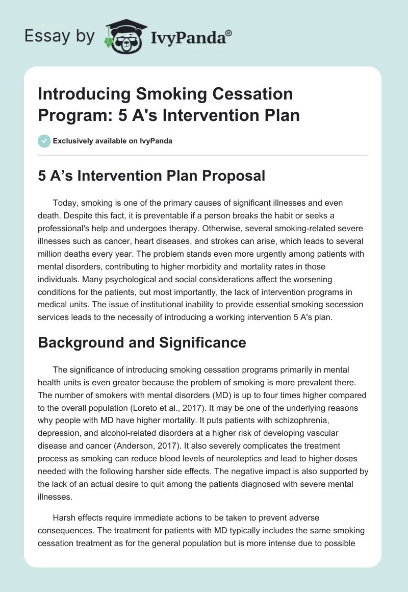 Introducing Smoking Cessation Program: 5 A's Intervention Plan. Page 1