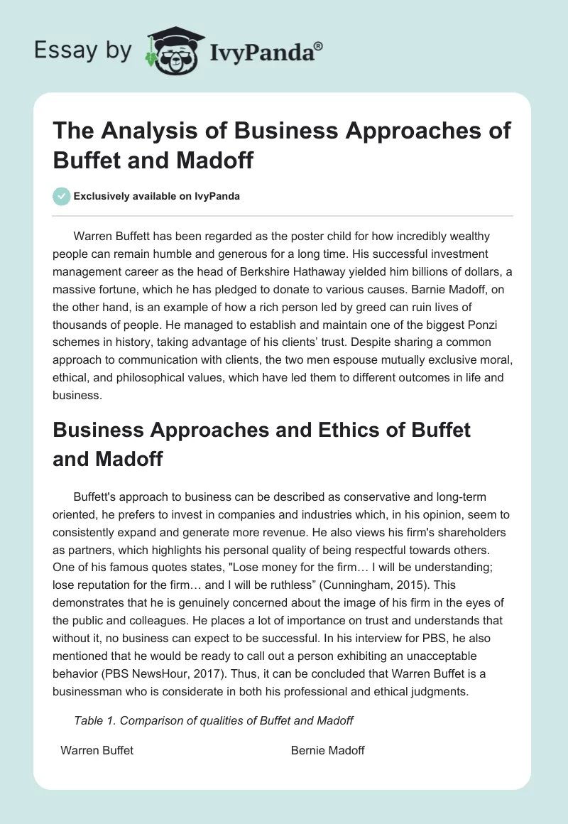 The Analysis of Business Approaches of Buffet and Madoff. Page 1