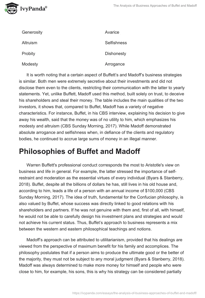 The Analysis of Business Approaches of Buffet and Madoff. Page 2