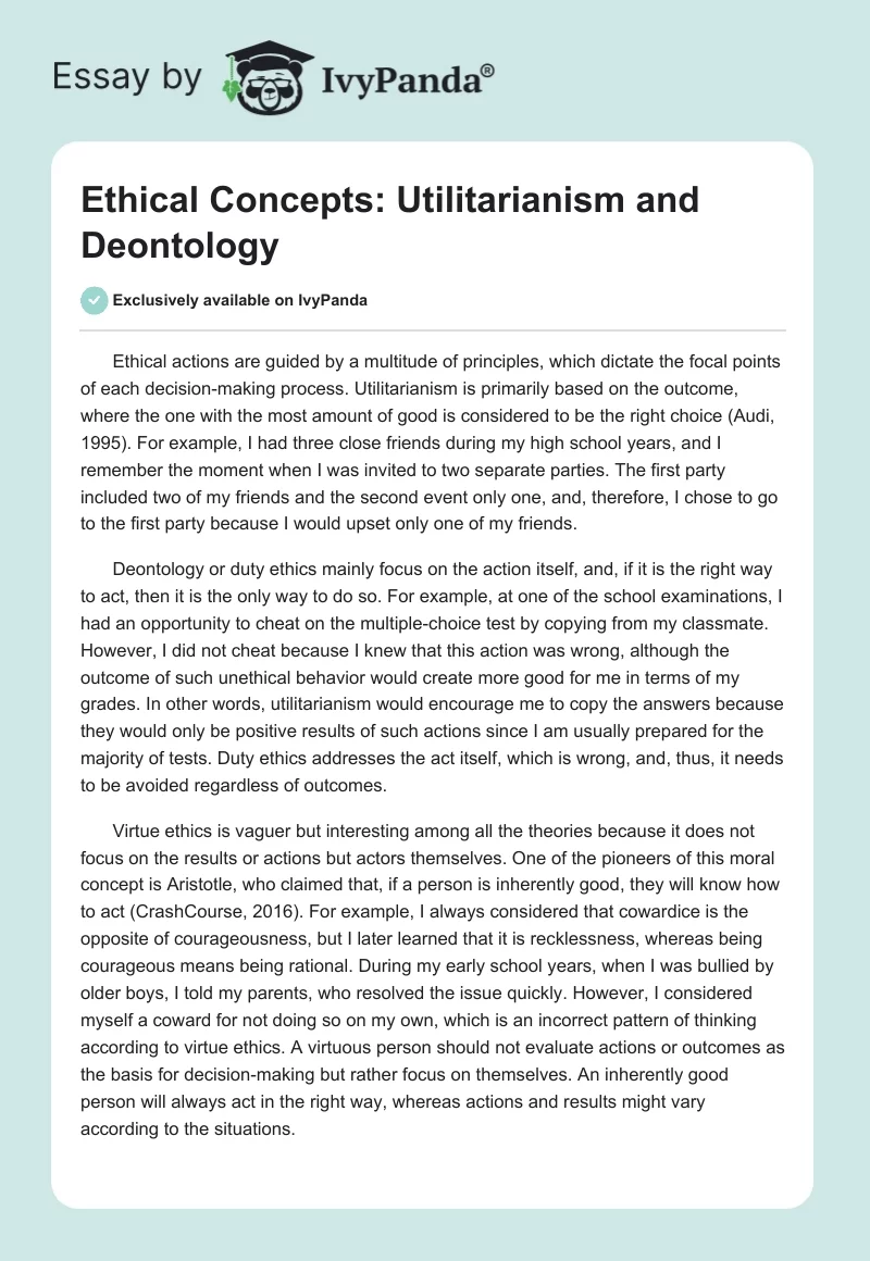 Ethical Concepts: Utilitarianism and Deontology. Page 1