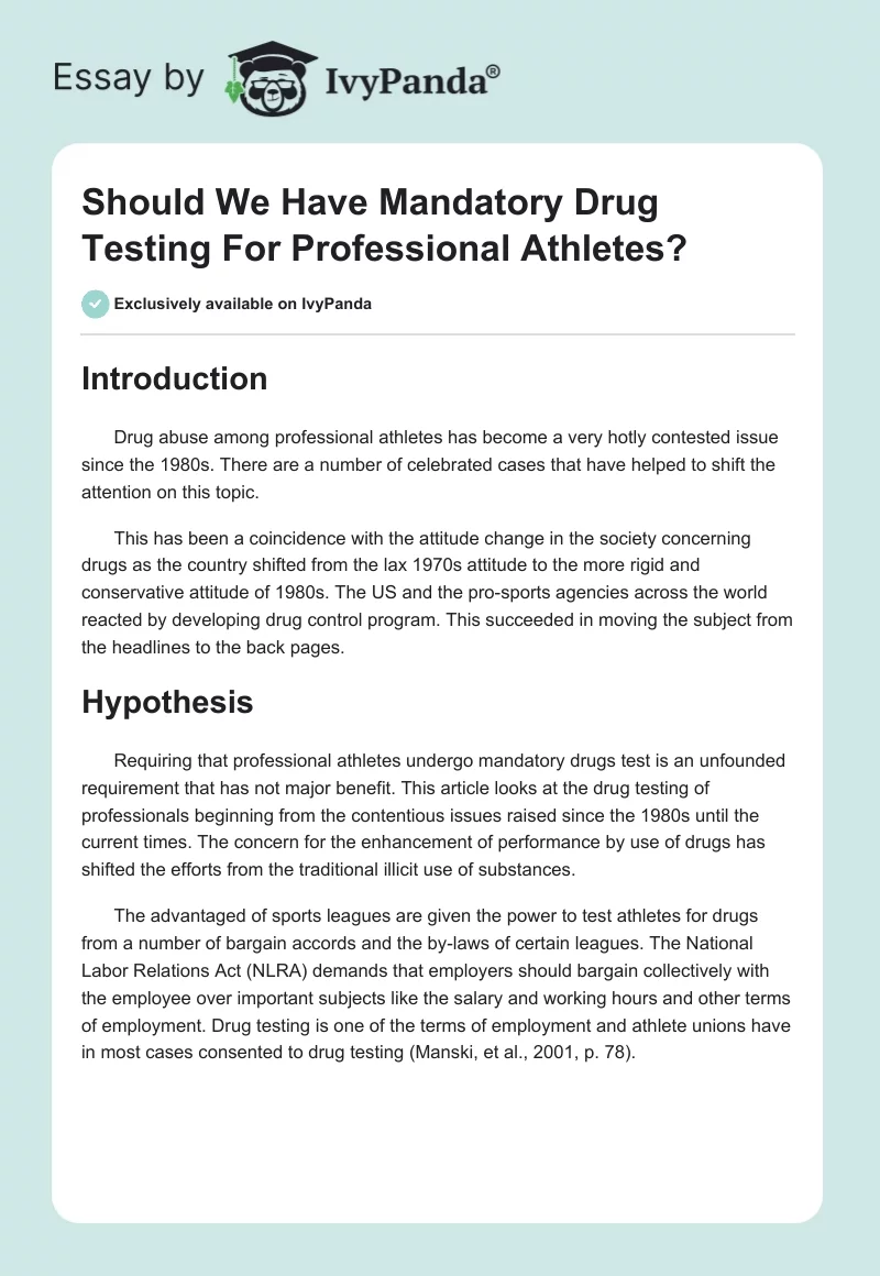 Should We Have Mandatory Drug Testing For Professional Athletes?. Page 1