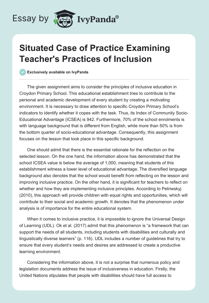 Situated Case of Practice Examining Teacher's Practices of Inclusion. Page 1