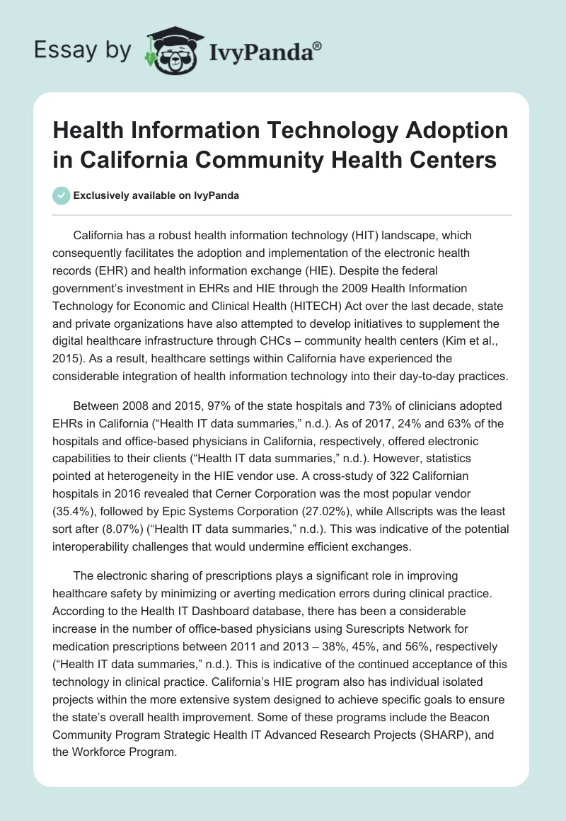 Health Information Technology Adoption in California Community Health Centers. Page 1