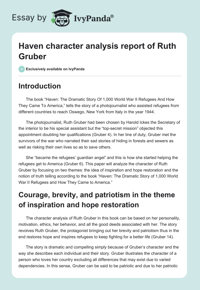 Haven character analysis report of Ruth Gruber. Page 1