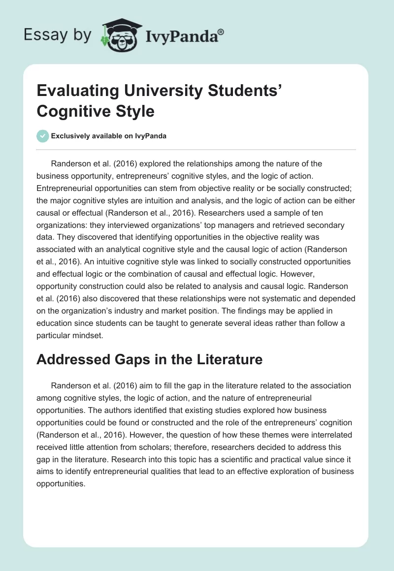 Evaluating University Students’ Cognitive Style. Page 1