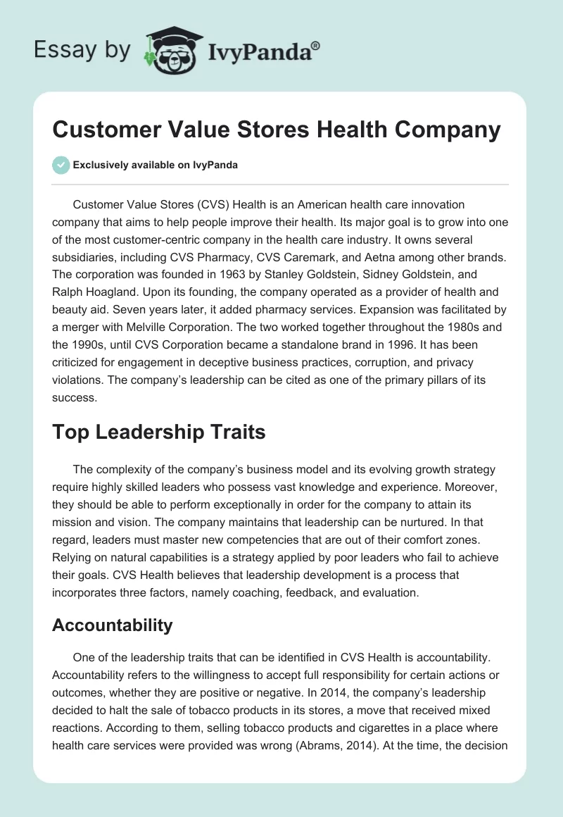 Customer Value Stores Health Company. Page 1