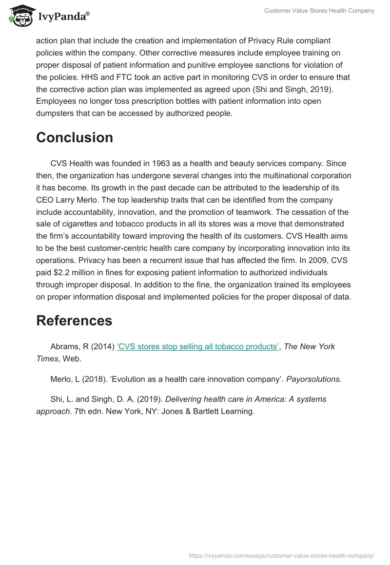 Customer Value Stores Health Company. Page 4