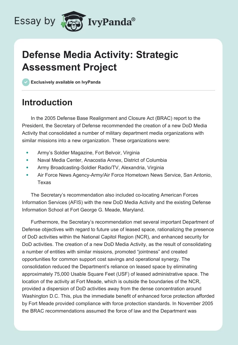 Defense Media Activity: Strategic Assessment Project. Page 1