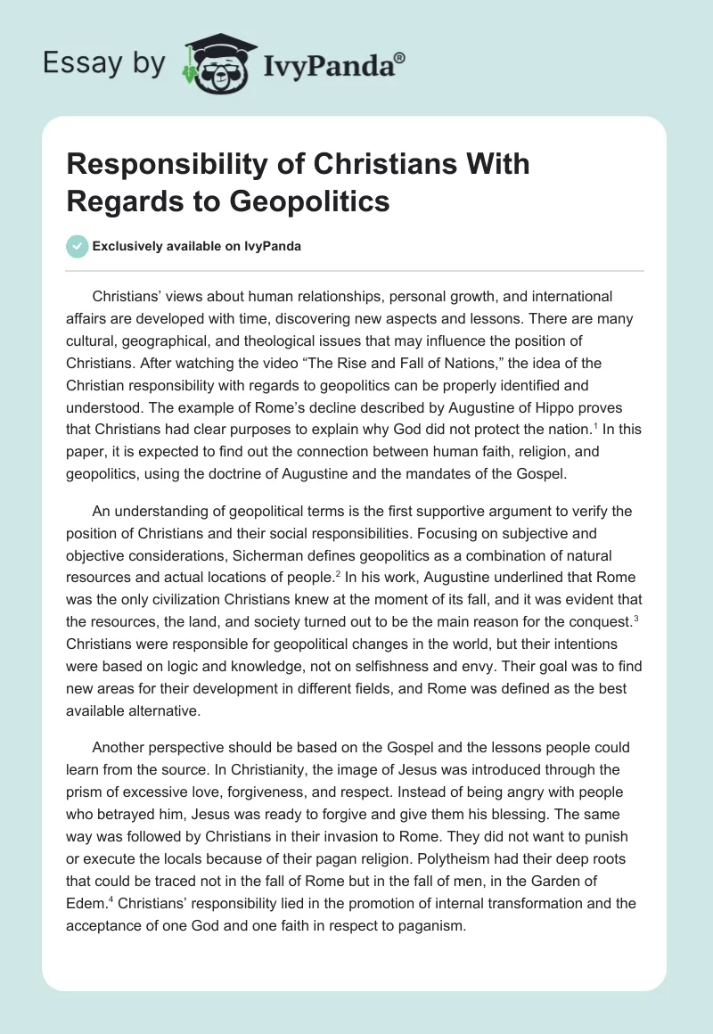 Responsibility of Christians With Regards to Geopolitics. Page 1