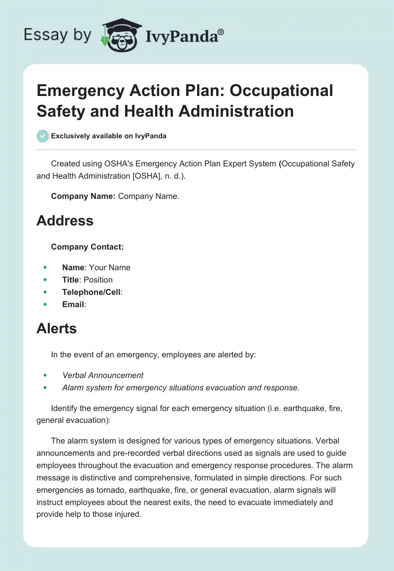 Emergency Action Plan: Occupational Safety and Health Administration. Page 1