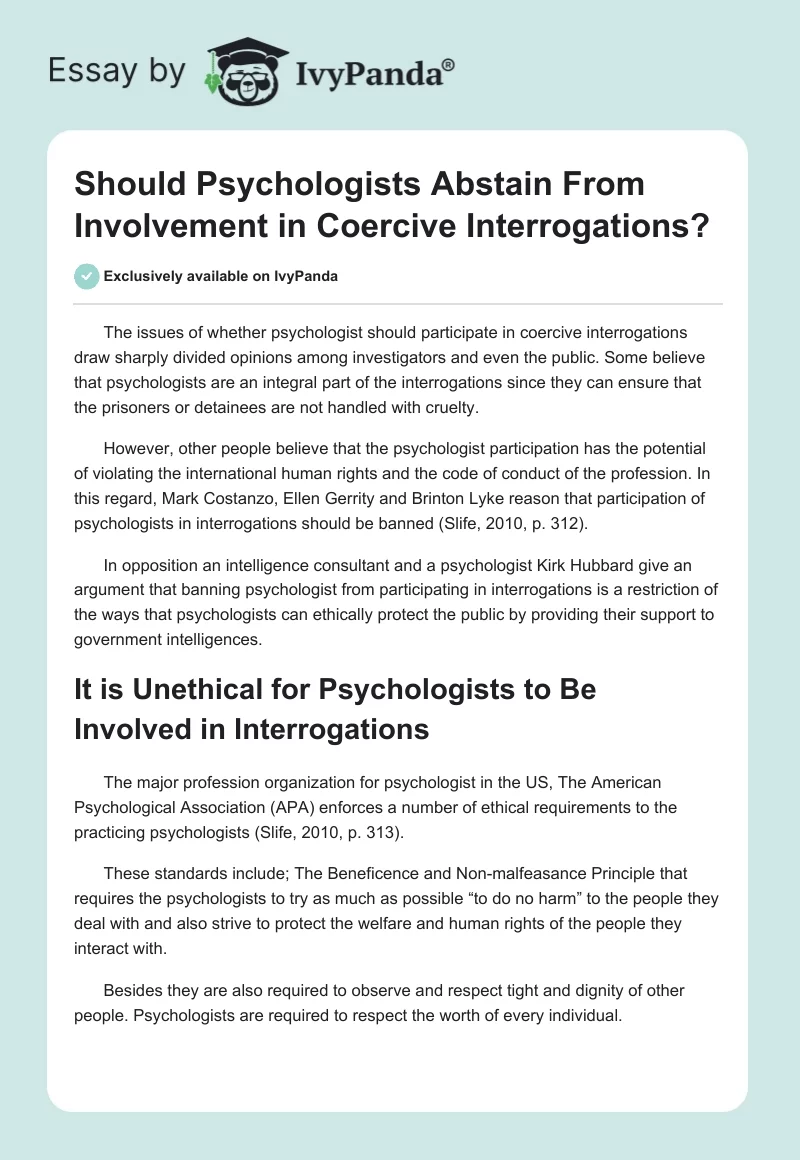 Should Psychologists Abstain From Involvement in Coercive Interrogations?. Page 1