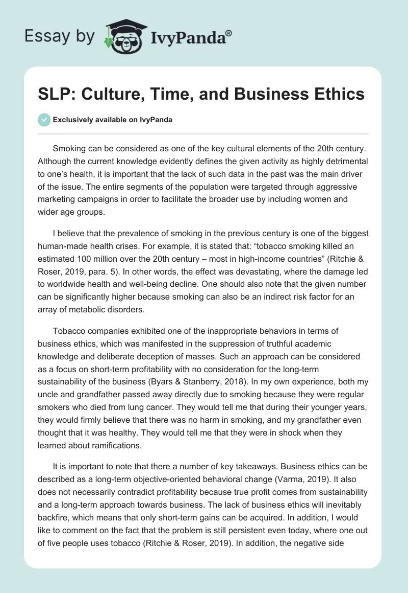 SLP: Culture, Time, and Business Ethics. Page 1
